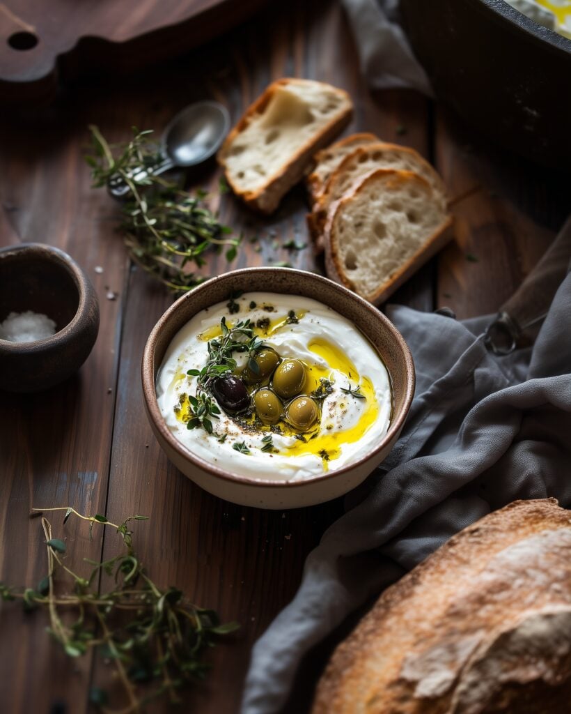 Honig geschlagener Feta Dip mit gerösteten Knoblauch-Kräuter-Oliven