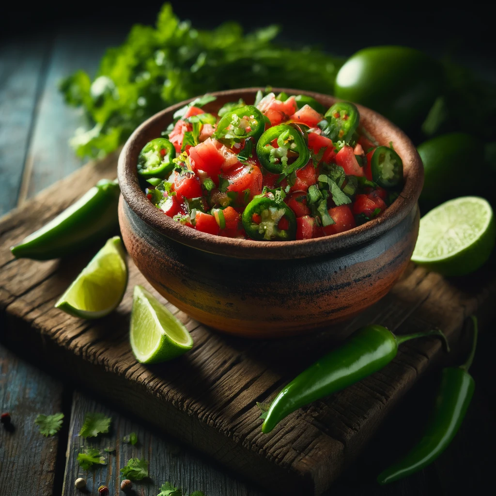 Ein farbenfrohes und appetitliches Bild von Pico de Gallo, präsentiert in einer rustikalen Keramikschüssel auf einem dunklen Holztisch